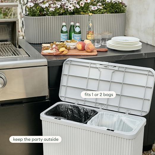 Veradek Tambour Waste Bin - Outdoor Trash Can with Dual Bag System | Durable Plastic Waste Bin With Optional Dual Bag System. Holds Up to 30 Gallons for Patio, Pool, BBQs & Parties
