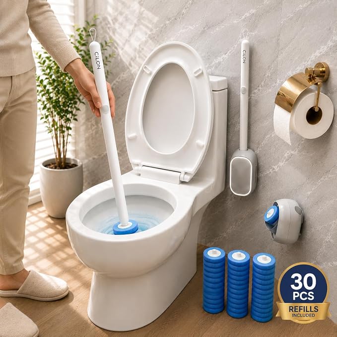 CiLoN Disposable Toilet Brush, Toilet Wand Cleaning System, Bowl Scrubber | Flip-Top Hands-Free Wall-Mounted Toilet Bowl Brush & Holder with Disposable Cleaning-Fluid Scrubbing Pads for Hygienic Use