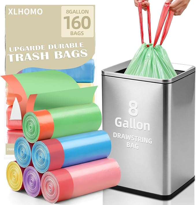 8 Gallon Trash Bags, 160 Count Drawstring Small Garbage Bags Thick Pre-separated Unscented Trash Can Liners for Bathroom Office Kitchen Bedroom Home Multi Colored