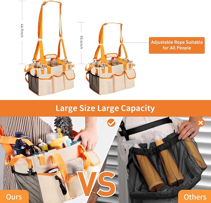 Wearable Cleaning Caddy Bag, X-Large Cleaning Supplies Organizer Housekeeping Supply Caddy Detailing Bag with Handle Removable Shoulder Waist Straps for Tools Products Housekeepers Car Home