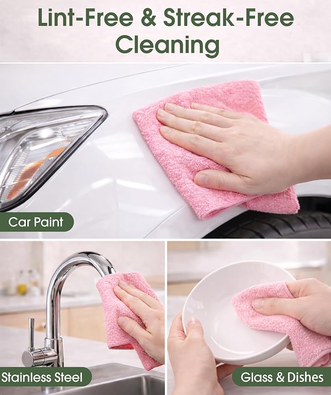 Microfiber Cleaning Cloth Roll - 100 Pack Tear Away Microfiber Paper Towels, Reusable, Washable, Scratch-Free, Kitchen Towels for Car, Home, Kitchen, Glass, Dishes(Pink)