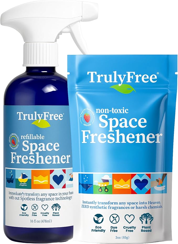 Truly Free Space Freshener Starter Kit - Lemongrass - 12oz + 1 Fill, 3oz | Car and Air Fresheners for Home, Natural Odor Eliminator Room Spray, No Synthetic Fragrances