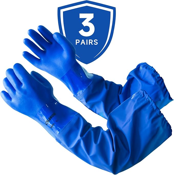 LANON 3 Pairs 26" Elbow Length PVC Chemical Resistant Gloves,Blue,Large | Waterproof,Long Sleeve Work Gloves,Cotton Liner(Excluding Sleeves),Non-Slip Grip,Heavy-Duty,Acid,Alkali & Oil Protection