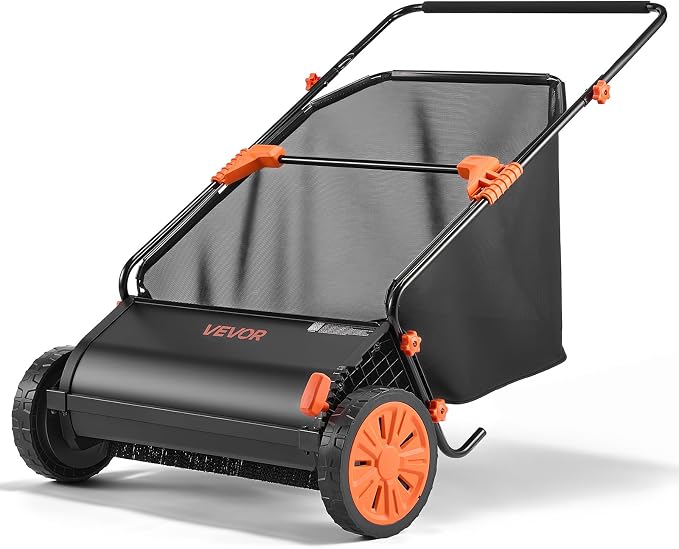 VEVOR Push Lawn Sweeper 26 in Leaf & Grass Collector 7 cu. ft. Hopper Bag | 10-Level Height Adjustable V-Shaped Brushes, Heavy Duty Yard Sweeper for Leaves, Grass Clippings & Pine Needles