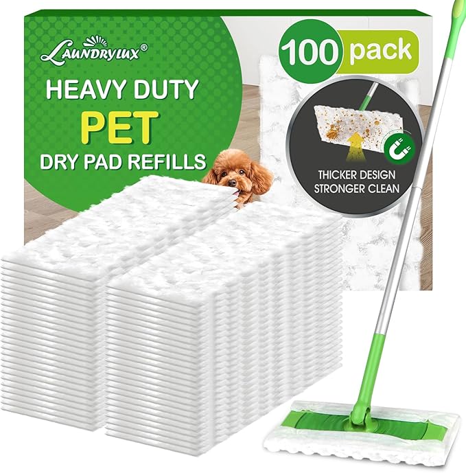 LAUNDRYLUX Heavy Duty Dry Sweeping Cloths Compatible with Swiffer Sweeper | 100 Count Multi Surface Pet Dry Pads Refill, Floor Cleaner for Dust, Hair, Dirt, Disposable Duster Mop Pad - White