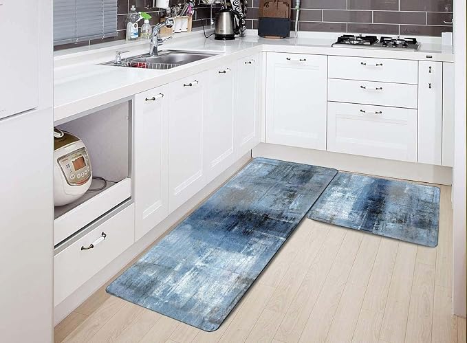TOMWISH Kitchen Mats for Floor 2 Piece Set Blue Kitchen Runner Rug Non Skid | Cushioned Kitchen Floor Mat Vintage Office Farmhouse Runner Mat for Laundry 18"X48"+18"X30" Kitchen Decor and Accessories
