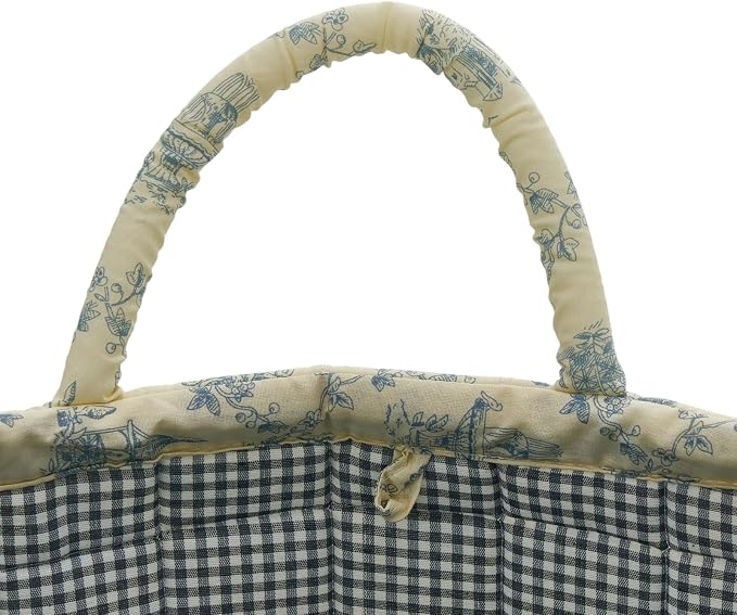 Quilted Fabric Storage Basket with Handles & Pocket, Foldable Laundry Hamper Boho Floral Print Organizer Bin for Home, Picnic, Office 12"x10"x10" (B-3)