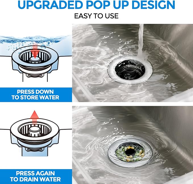 zaa 3 in 1 Kitchen Sink Drain Strainer Stopper Removable Basket Pop-Up | Kitchen Sink Accessories 1 Pack Brushed Black Stainless - Food Catcher, Odor-Blocking Seal, Fits 3.5" Drain