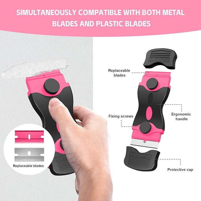 3 Pack Razor Blade Scraper Set, Includes 30 Plastic & 30 Metal Blades(Pink) | Multi-Purpose Tool for Glass, Cooktop, Sticker Removal, Paint & Gum Cleaning