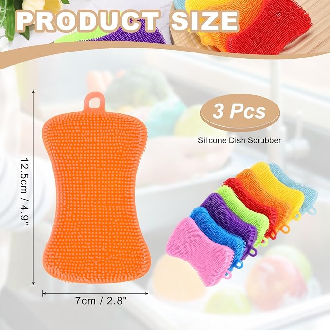 uxcell Silicone Dish Scrubber, 3 Pack Reusable Dishes Sponges Silicone Sponges Double Design for Kitchen Bathroom Cleaning Gadgets Accessories Countertop Cookware Pots Pans, Orange