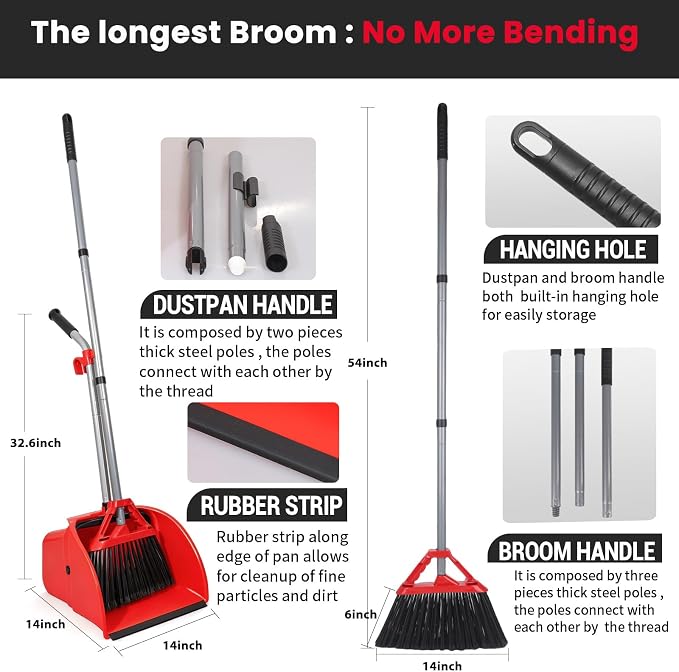 2 Pack Heavy Duty Broom and Dustpan Set,Indoor Outdoor Sweeping Kit,Red | 14"x14" Jumbo Large Capacity Dustpan & 14" Wide 54" Long Handle Broom, for Home Kitchen Yard Restaurant Garage Cleaning