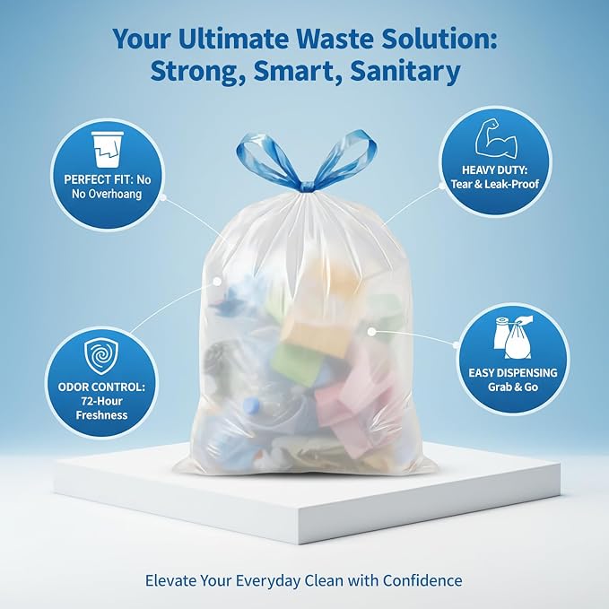 Medium 8 Gallon Trash Bags Drawstring,1.2 Mil,Unscented,150 Count | Leakproof,Strong Plastic Garbage Can Liners,White,Fit 23 - 30 Liter Waste Bins,for Bathroom Home Kitchen Everyday Use
