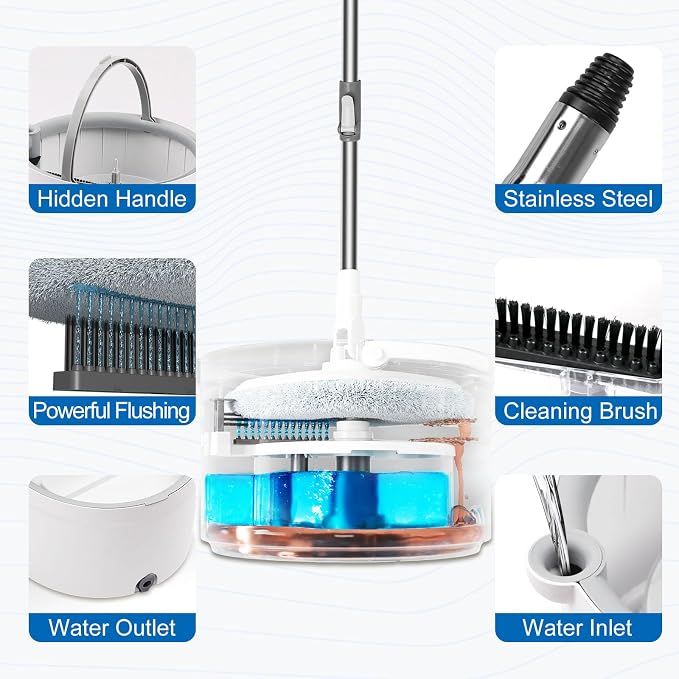 Spin Mop and Bucket with Wringer Set, Clean/Dirty Water, 3 Pads, 52" Handle | 360° Spinning Mop System with Separate Clean & Dirty Water Bucket & 3 Microfiber Pads for Floor & Wall Cleaning