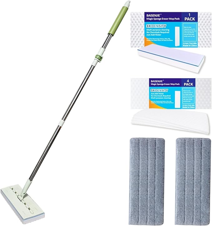 Magic Sponge Eraser Mop, 60" Adjustable Handle with Flexible 13" Flat Head | Melamine Sponge Pads,Washable Microfiber Pad,Multi-Surface Scrubbing