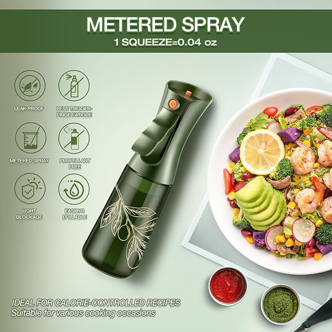 Glass Olive Oil Sprayer for Cooking 7.5 oz (Olive Green & Gold) | Oil Mister, Kitchen Refillable Continuous Oil Spray Bottle for Air Fryer, Portion Control, Leak Proof