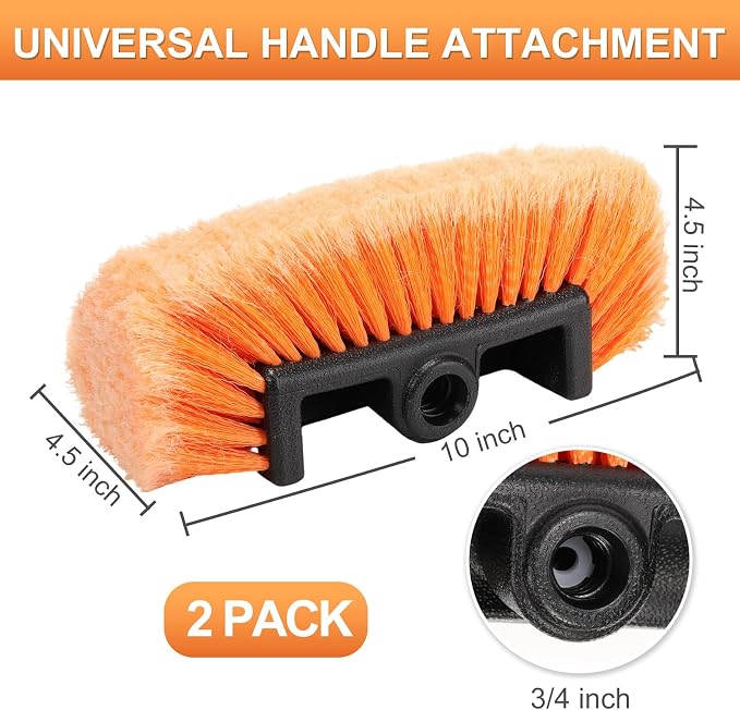 Tanlade 2 Pcs Car Wash Brush Heads Soft Bristle Flow Thru,10 Inch,Orange | Replacement Heads for Exterior Cleaning, Compatible with Auto Truck RV Boat Camper, Gentle Bristles Protect Paint Finish