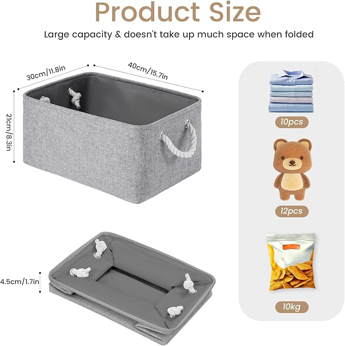 15.7x11.8x8.26 Inch Fabric Large Storage Bins with Handles 3 Pack | Foldable, Sturdy Metal Strand, Cardboard Support Molding, Fabric Storage Baskets for Shelves, Closet, Bedroom, Gray