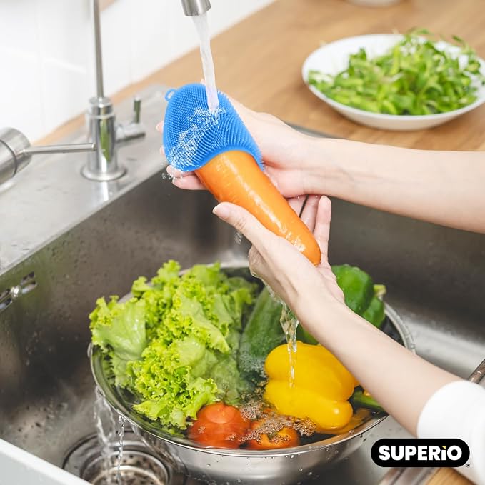 Silicone Heat Resistant Dishwasher Sponge, Fruit Cleaner, Vegetable Washer, Non Scratch Durable Bristles, Blue 3-Pack