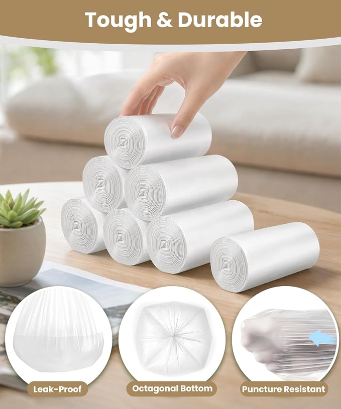 Charmount Medium Trash Bags 6-8 Gallon - 500 Count Super Value Bulk Pack | Unscented White Plastic Wastebasket Liners for Bathroom, Kitchen, Mini Garbage Cans or Bins