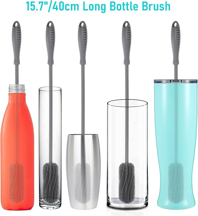15.7" Silicone Bottle Brush, ddLUCK Water Bottle Cleaner Brush for Stanley, Hydroflasks, Glass, Thermos Sports Bottle, Vase and Glassware, Bottle Brush Cleaner for Small Narrow Neck Containers (Gray) | Water Bottle Cleaner for Baby Bottles, Hydro Flask...