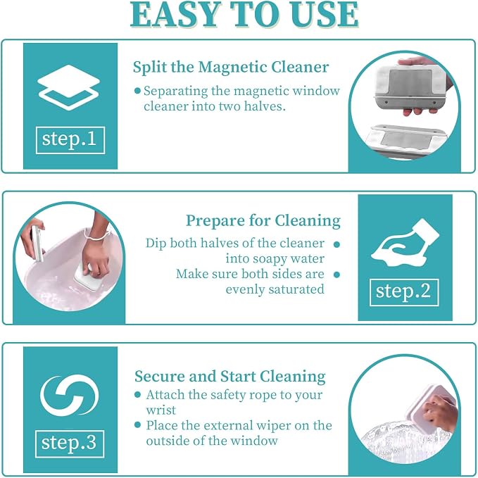 Windshield Wow Magnetic Car Window Cleaner, Strong Magnet Window Cleaner Tool with Anti-Fall Rope, Double Sided Window Cleaner for Thickness 3-10mm, Magnetic Glass Cleaner for High-Rises, Home, Car