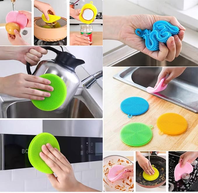 Silicone Dish Scrubber, 12 Count Silicone Sponge Dish Brush, Food Grade BPA Free Reusable Rubber Sponges Dishwasher Safe and Dry Fast, for Kitchen Dish Dishes Fruits Vegetables Washing and Cleaning.