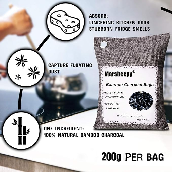 Marsheepy 12 Pack Bamboo Charcoal Shoe Deodorizer Bags, Activated Charcoal Odor Absorber, Bamboo Charcoal Air Purifying Bags, Odor Eliminator for Shoes, Pets, Car, Closet (150g X 2 and 50g x 10)
