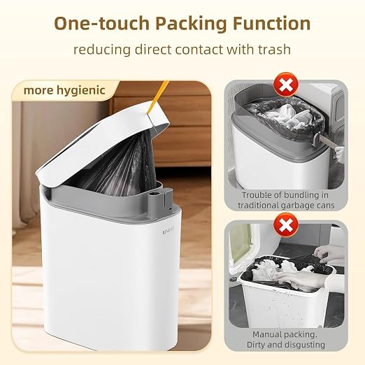 MUEE 3.5 Gal Automatic Bagging Bathroom Trash Can, Motion Sensor, White | Slim rechargeable design for bedrooms, offices and compact spaces; Type-C charging, liner suction and one-touch bag gathering