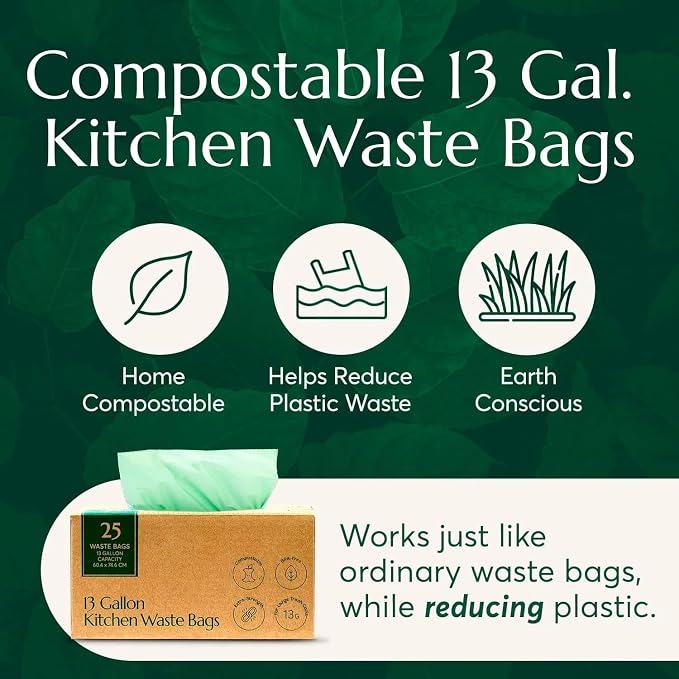 Cleanomic Compostable* 13 Gallon Waste Bags with Drawstring (2 Pack, 50 Count), BPI Certified For Kitchen Compost