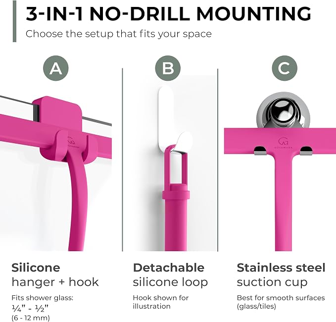 Silicone Shower Squeegee with 3-in-1 No-Drill Mount, Pink, 15'' | Squeegee for Glass Doors & Mirrors with Stainless Steel Core, Streak-Free & No-Squeak Window Cleaning, Hook/Suction/Adhesive