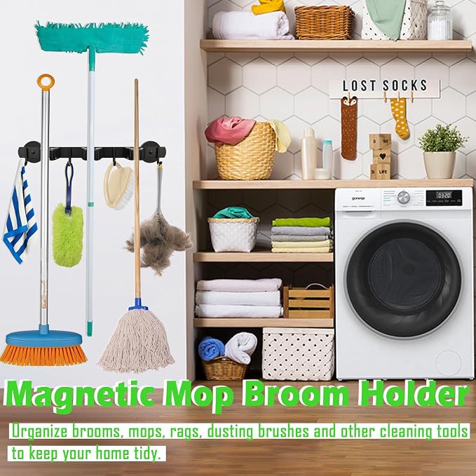 Strong Magnetic Mop Broom Holder, Heavy Duty Magnetic Mop Hanger for Refrigerators, Anti-Slip Magnet Wall Mounted Broom Holder Storage Rack for Laundry Garage Kitchen Workshops Shed