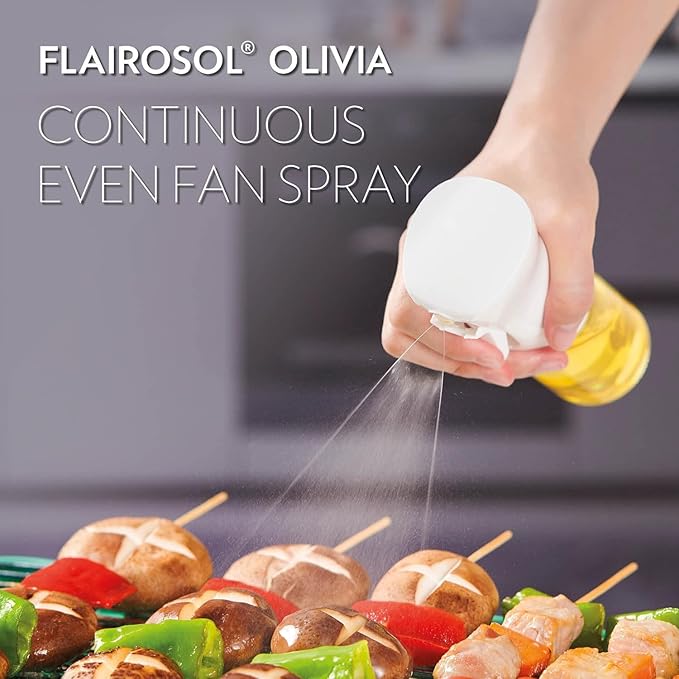 FLAIROSOL OLIVIA. The Original Advanced Oil Sprayer for Cooking, Salads, BBQs and More, Continuous Spray with Portion Control, Trusted by Chefs. Patented Technology. (Glass Bottle) (Golden Leaves) | Portion control mist for air fryer, salad, BBQ, refil...