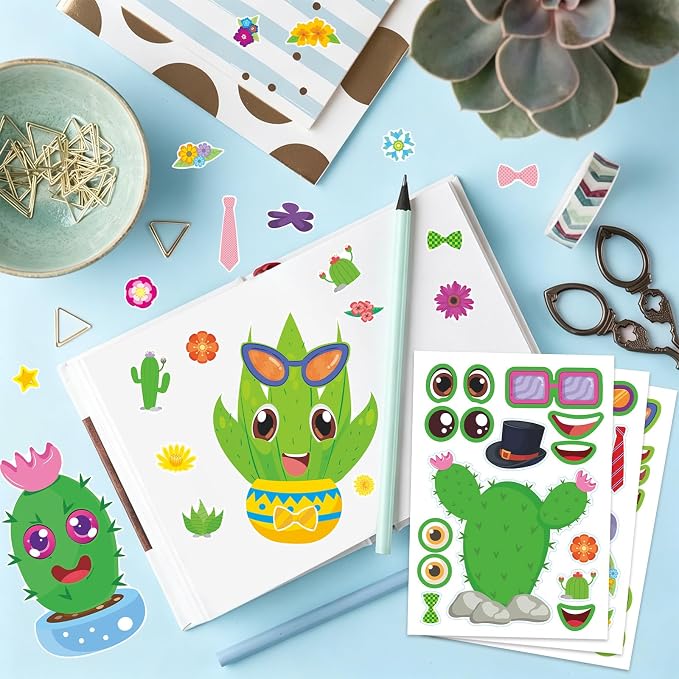 24 Sheets Cactus Make a Face Sticker, Make Your Own Cactus Stickers Mix and Match Sticker for Home School Classroom Crafts Activities Reward Birthday Party Favors