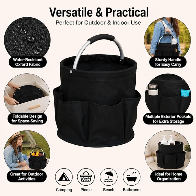 Cleaning Caddy Bag, Cleaning Supplies Organizer, Storage Basket with Handle | Portable Multifunctional, Foldable, Black, Suitable for Household Outdoor Storage, Comes with 100 Disposable Gloves