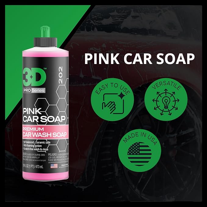 3D Pink Car Soap – 16 oz |pH Neutral Car Wash Soap with High Suds & Cherry Scent | Scratch-Free, High Gloss Shine | Safe on Wax & Sealants | Weekly Car Care (Pack of 2)