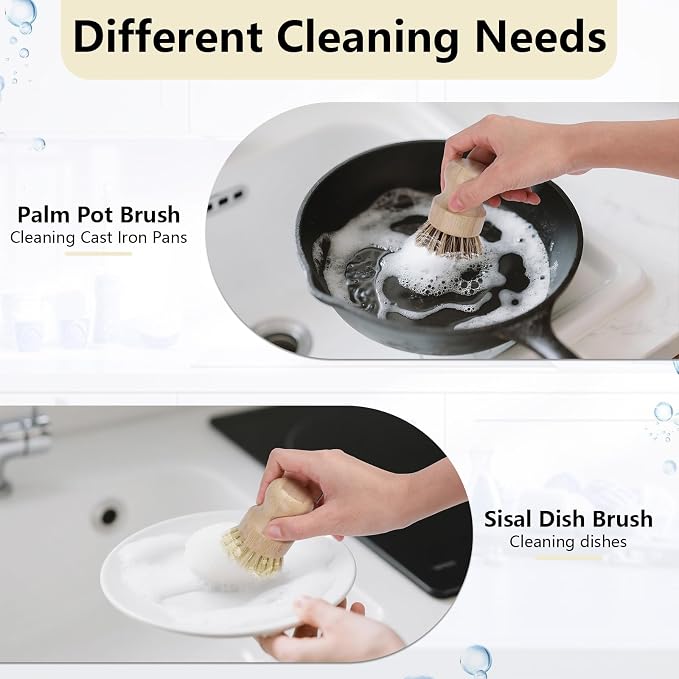 BOMUMVITA 5 Pack Bamboo Dish Brush Set with 14’’ Bottle Brush | Wooden Dish Brush with Natural Sisal & Palm Fiber, Natural Kitchen Scrub Brush for Dishes Pots, Pans, Sinks, Woks, Vegetables