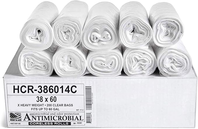 Aluf Plastics 60 Gal Clear Trash Bags, 14 Micron (EQ.), 38" x 60" (150 Pk) | 14 Micron (eq), Bathroom, Office, Industrial, Commercial, Janitorial, Municipal, Recycling, Pack of 1,150 Count Total