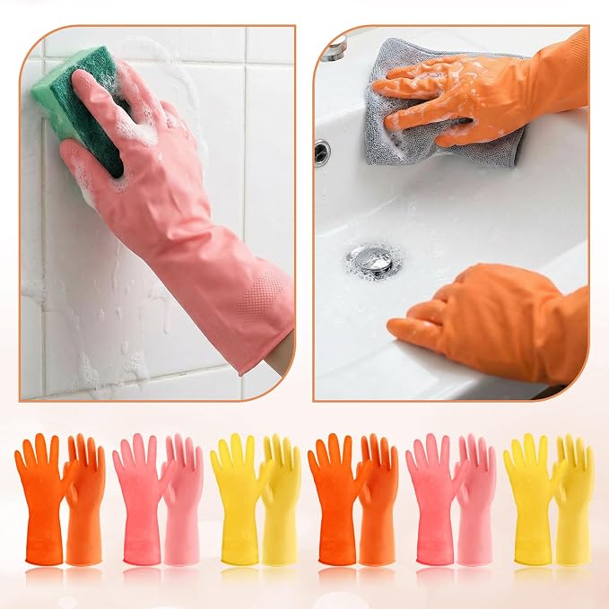 12 Pairs Kitchen Gloves for Washing Dishes, Rubber Cleaning Gloves for Dishwashing, Household Washing Dishes Cleaning Gardening, Non-Slip Dishwashing Gloves Reusable for Women Men, 3 Colors