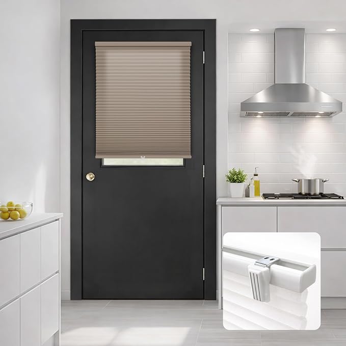 DEZ FURNISHINGS Cordless No Tools No Drill 1.5" Magnet Light Filtering Shades for Metal Doors, 24" W x 42" H, Latte