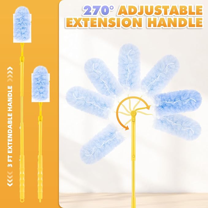 Duster Refills for Swiffer Duster, 60 Count with 2 Handles | 3 FT Extended Handle, 2 Sides 360°, 5X Microfiber, Heavy Duty Disposable Dusters for Cleaning Ceiling Fan, Blinds, Vent