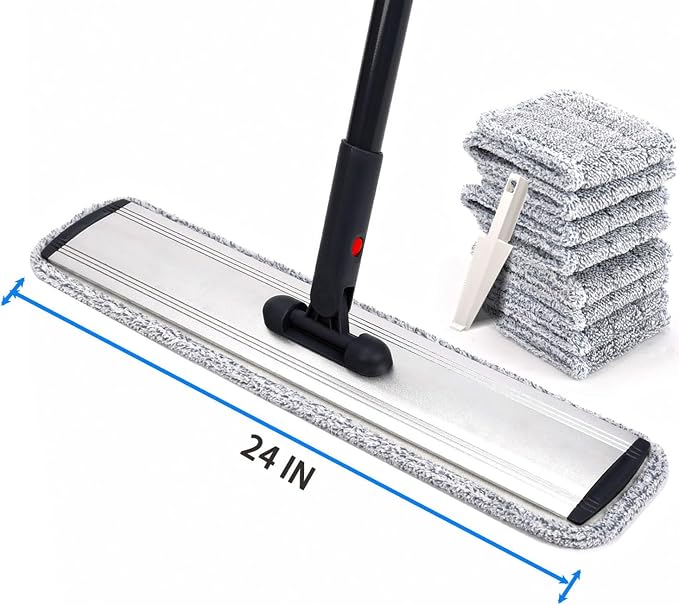 24" Flat Mop for Cleaning Floors,Easy Wringing&Deep Cleaning with 4 Pads | Heavy-Duty Microfiber Mop,Includes 4 Reusable Mop Cloths and Adjustable Long Handle,Wet/Dry Use,Suitable for Hard Floors