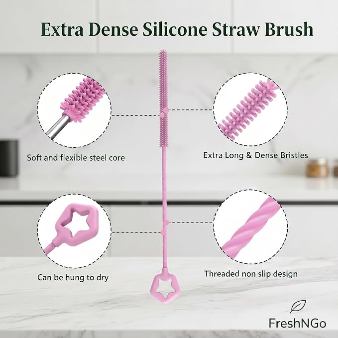 FreshNGo 4-Pack Silicone Straw Cleaner Brush for Tumbler, Pink | Reusable extra-long brushes (6mm/9mm) perfect for cleaning milkshake, metal, and glass straws