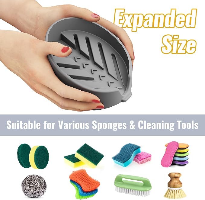 NiHome Silicone Sponge Holder for Kitchen Sink, Fits Scrub Daddy Mommy | Self-Draining Dispenser Organizer Tray, Sink Caddy Countertop Fits Soaps, Scrubber, Dishwasher Safe, Includes Brush