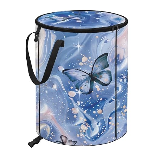 doginthehole Blue Marble Butterfly Collapsible Trash Can Pop Up Camper Trash Can with Lid, 22.83x17.71, Waterproof Bag Outdoor Garbage Bin Storage Accessories, 23 Gallons