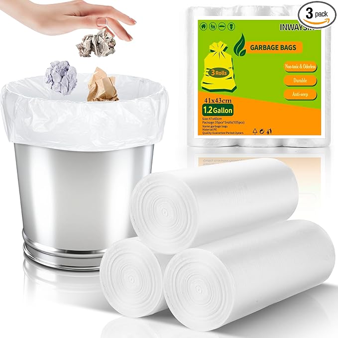 1.2 Gallon Small Trash Bags - 105 Count Unscented Bulk Little Garbage Can Liners Strong Thick 1.2 Gal Plastic Bag for Home Office Kitchen Inwaysin (3 Rolls, Clear White)