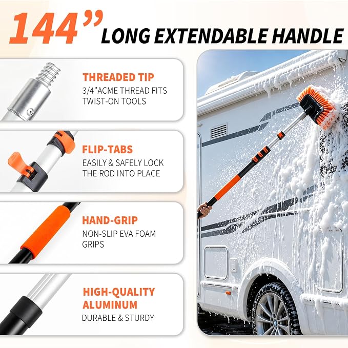 144'' Car Wash Brush with Long Handle Cleaning Kit | Scratch-Free Soft Bristle Wash Brush, Microfiber Mop, Window Squeegee, Wheel Brush, Mitt, Bucket, For RV, Truck, Boat, SUV