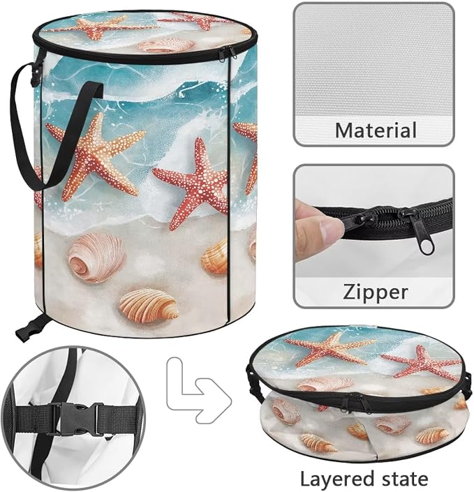 Foldable Trash Bag with Lid and Handles 24 Gallon Large Capacity Collapsible Garden Leaf Bin Reusable Waster Bags for Camping Outdoor Picnics Beach Starfish Print