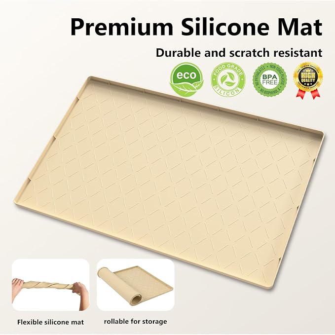 Mateeylife Under Sink Mat Kitchen Waterproof, Silicone Sink Tray 28"X19" | Under Sink Organizer Cabinet Shelf Protective Liner, Multi-use Silicone Mat for Boot Tray & Litter Mat, Khaki
