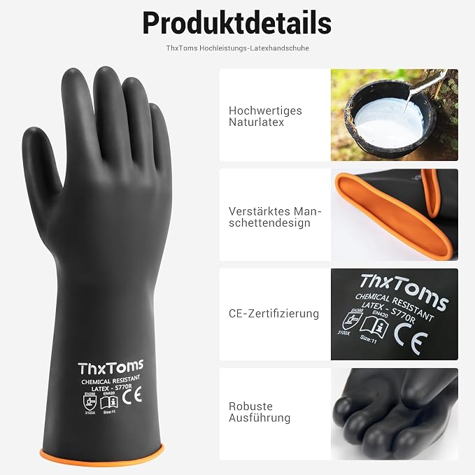 ThxToms Chemical Resistant Gloves, Puncture Resistant,Latex | Heavy Duty Rubber Gloves, Acid Oil & Alkali Resistant for Industrial Cleaning, Auto Repair, Mechanics, 14", 1 Pair