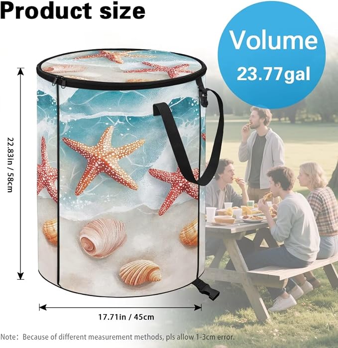 Foldable Trash Bag with Lid and Handles 24 Gallon Large Capacity Collapsible Garden Leaf Bin Reusable Waster Bags for Camping Outdoor Picnics Beach Starfish Print